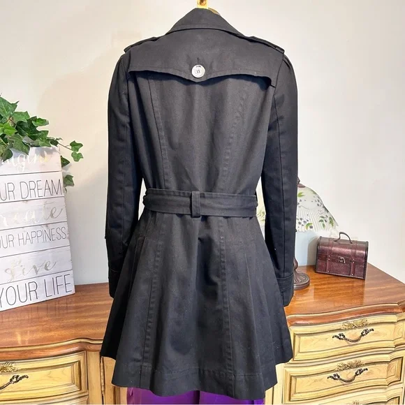 Express Black Denim Double-Breasted Belted Silver Button Trench Coat - Picture 8 of 16